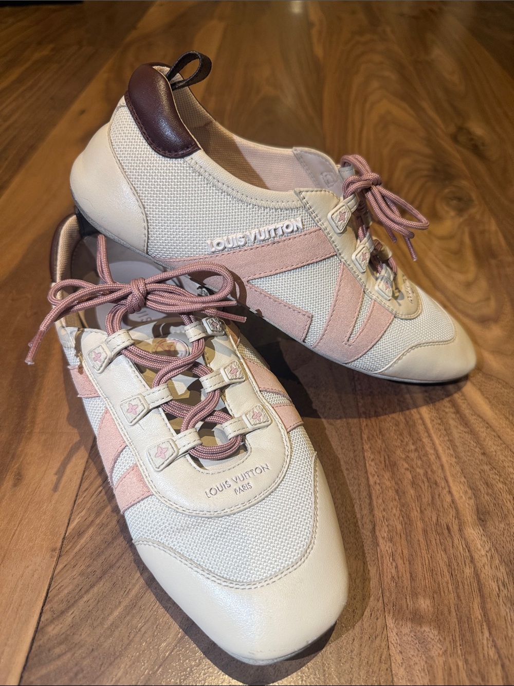 Louis Vuitton Cream and Pink Mesh Leather Sneakers